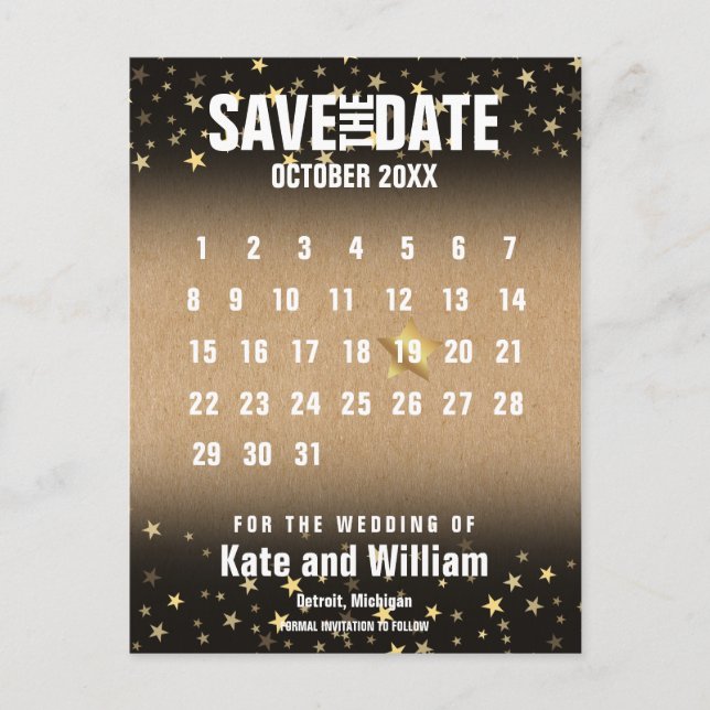 Save the Date Calendar Elegant Gold Stars  Postcard (Front)