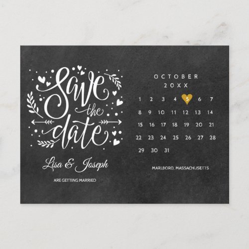 Save the Date Calendar Gold Heart Chalkboard Announcement Postcard