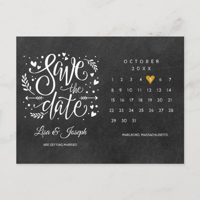 Save the Date Calendar Gold Heart Chalkboard Announcement Postcard (Front)