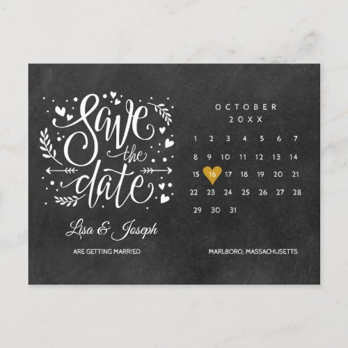 Save the Date Calendar Gold Heart Chalkboard Announcement Postcard