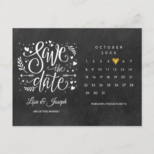 Save the Date Calendar Gold Heart Chalkboard Announcement Postcard