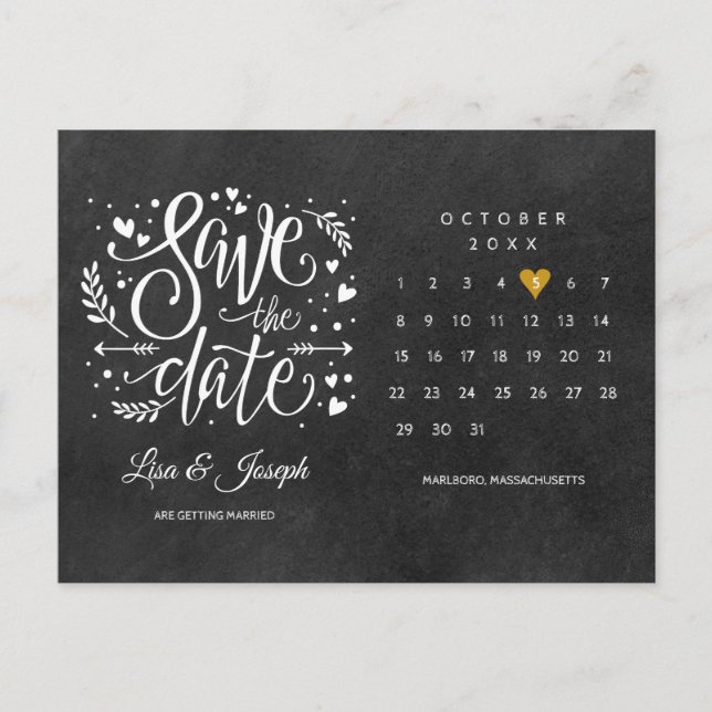 Save the Date Calendar Gold Heart Chalkboard Announcement Postcard (Front)