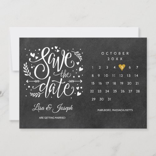 Save the Date Calendar Gold Heart Chalkboard Invitation