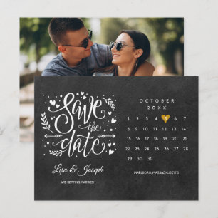 Save the Date Calendar Gold Heart Chalkboard Photo Postcard