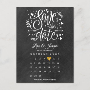 Save the Date Calendar Gold Heart Chalkboard Postcard