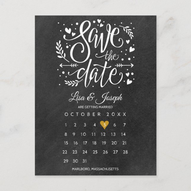 Save the Date Calendar Gold Heart Chalkboard Postcard (Front)