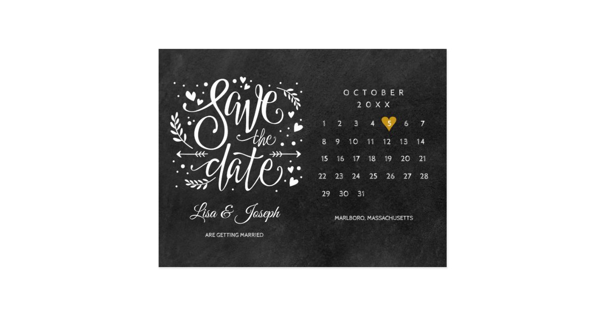 Save the Date Calendar Gold Heart Chalkboard Postcard | Zazzle.com