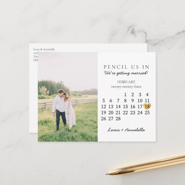 Save the Date Calendar Gold Heart February 2023 Postcard (Front/Back In Situ)