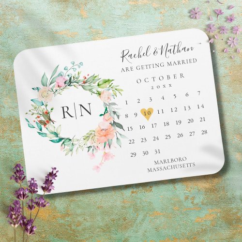 Save the Date Calendar Gold Heart Floral Magnet