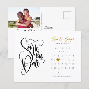 Save the Date Calendar Gold Heart Photo Announcement Postcard