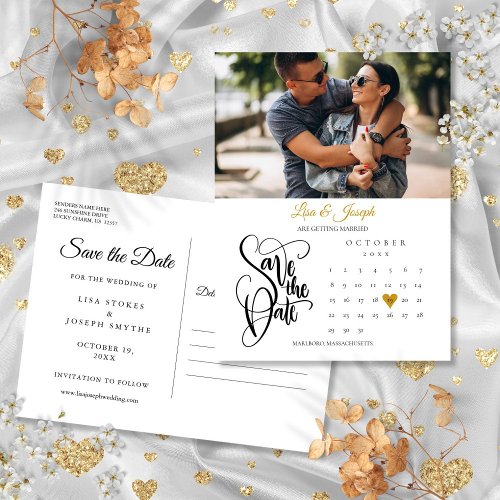 Save the Date Calendar Gold Heart Photo Announcement Postcard