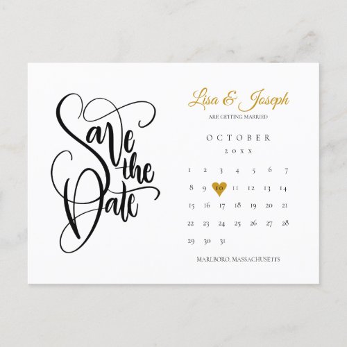 Save the Date Calendar Gold Heart QR Code Announcement Postcard