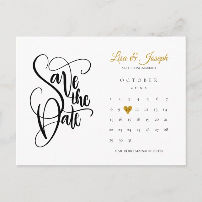 Save the Date Calendar Gold Heart QR Code Announcement Postcard (Front)