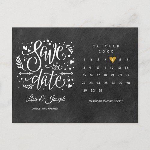 Save the Date Calendar Gold Love Heart Chalkboard Postcard