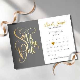 Save the Date Calendar Gold Love Heart Magnetic Invitation
