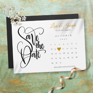 Save the Date Calendar Gold Love Heart  Magnetic Invitation
