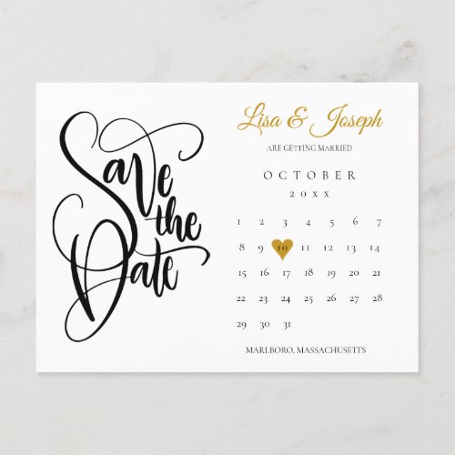 Save the Date Calendar Gold Love Heart Photo Announcement Postcard