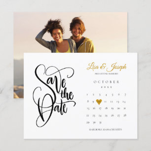Save The Date Calendar Gold Love Heart Photo Announcement Postcard