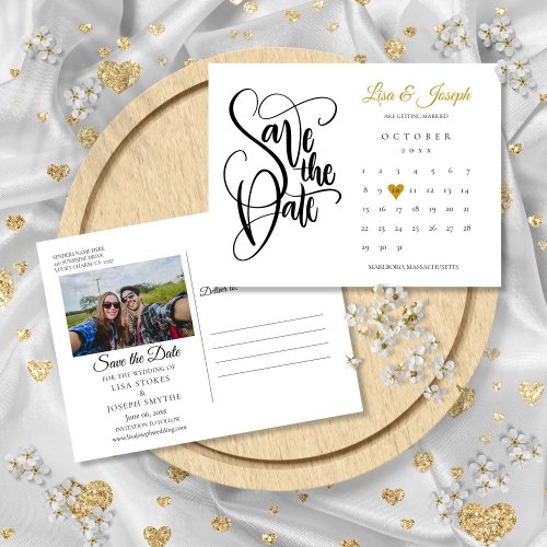 Save the Date Calendar Gold Love Heart Photo Announcement Postcard