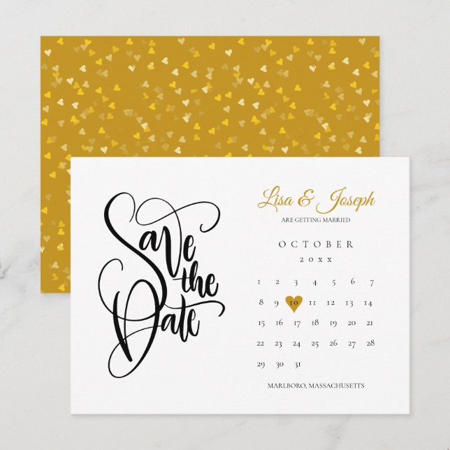 Save the Date Calendar Gold Love Heart Postcard (Front/Back)