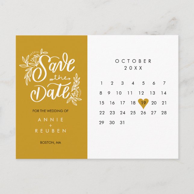 Save the Date Calendar Gold Love Heart Postcard (Front)