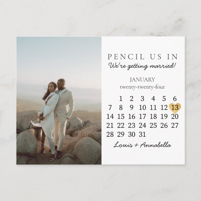 Save the Date Calendar Heart January 2024 Month Postcard (Front)