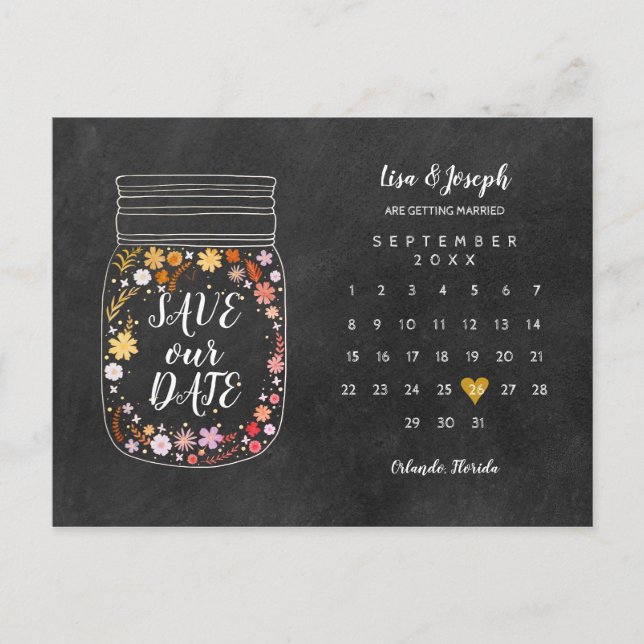 Save the Date Calendar Heart Mason Jar Chalkboard Announcement Postcard (Front)