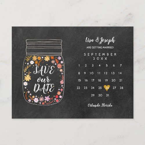 Save the Date Calendar Heart Mason Jar Chalkboard Postcard