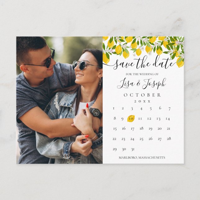 Save the Date Calendar Lemons Blossom Photo Announcement Postcard (Front)