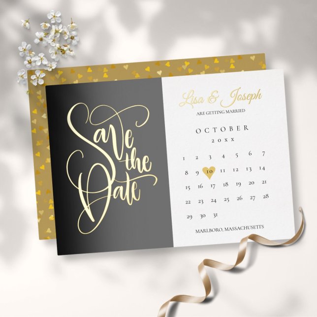 Save the Date Calendar Love Heart Gold Foil Invitation