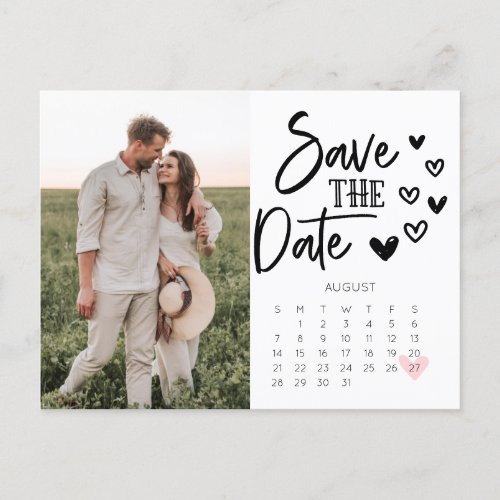 Save The Date Calendar Postcard Hand Drawn Hearts