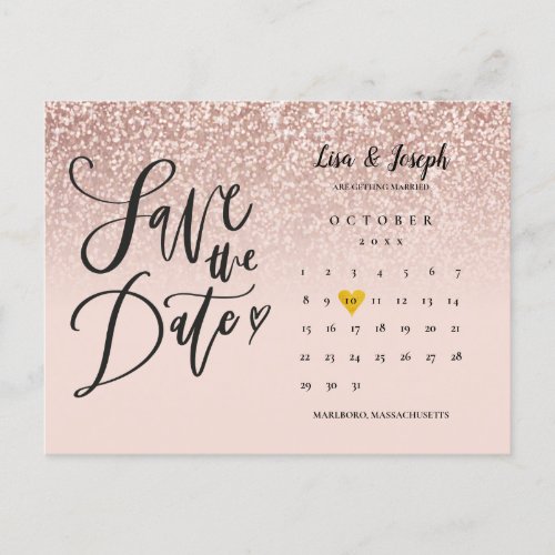 Save the Date Calendar QR Code Rose Gold Glitter Announcement Postcard