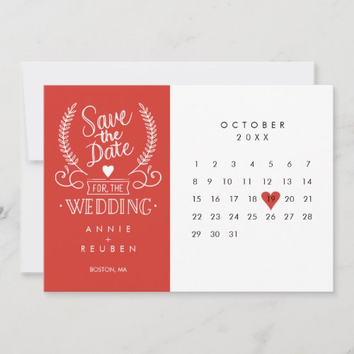 Save the Date Calendar Red Love Heart