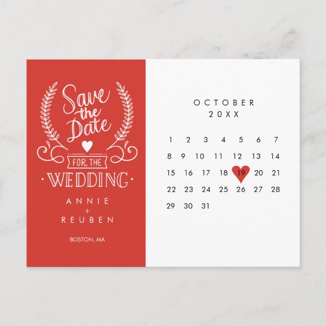 Save the Date Calendar Red Love Heart Postcard (Front)