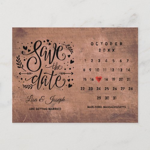 Save the Date Calendar Red Love Heart Rustic Wood Announcement Postcard