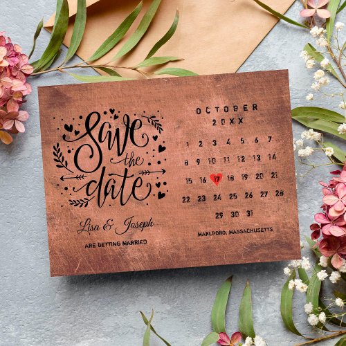 Save the Date Calendar Red Love Heart Rustic Wood Postcard