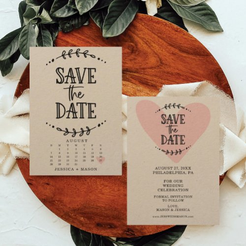Save The Date Calendar Rustic Drawn Kraft Card