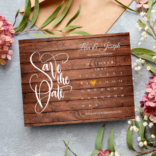 Save the Date Calendar Rustic Wood Gold Heart Announcement Postcard