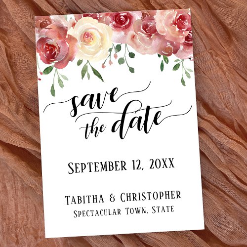 Save the Date Calligraphy Burgundy Blush Roses