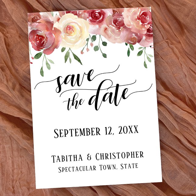 Save the Date Calligraphy, Burgundy, Blush Roses (Creator Uploaded)
