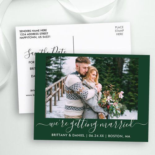  Save The Date Calligraphy Getting Married Green Postcard