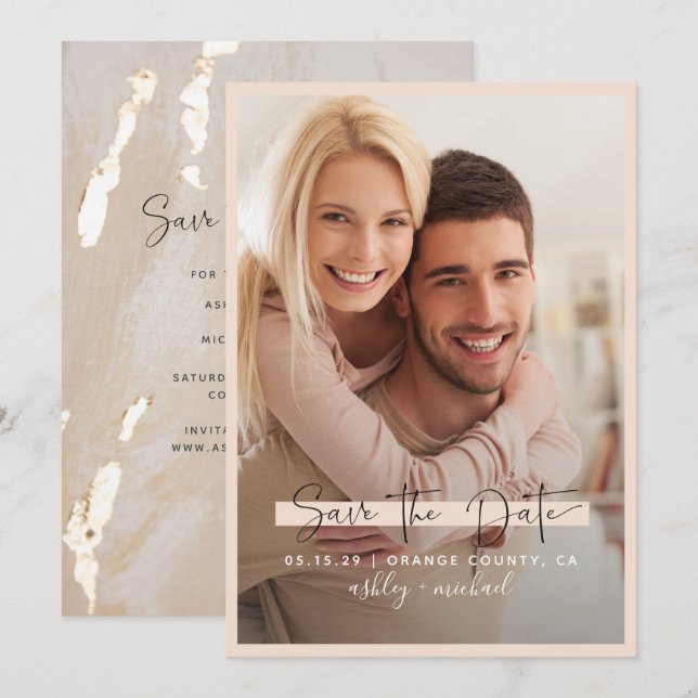 Save the Date Calligraphy Photo Blush Wedding Invitation (Front/Back)