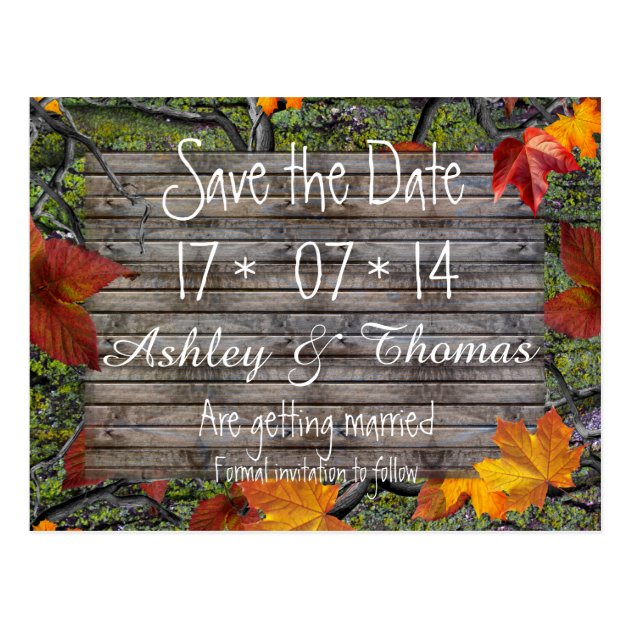 Save The Date Camo Rustic Wood Fall Leaves Wedding Postcard