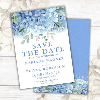 Save The Date Card Blue Hydrangeas Floral Wedding by WittyPrintables at Zazzle