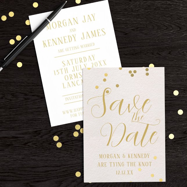Save The Date Card Bridal Blush Pink Gold Confetti (Add your details to this pretty blush pink and gold confetti Save the Date.)