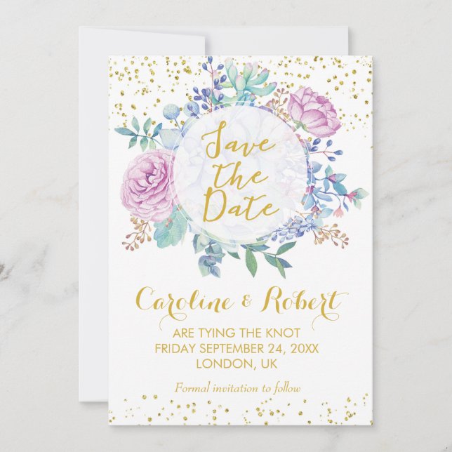 Save the date card gold glitter floral succulents (Front)