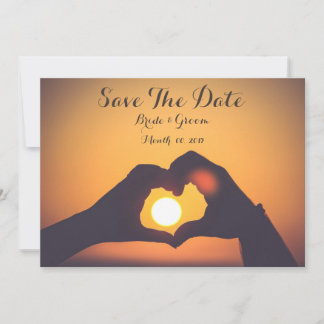 Save the date card, lover's hands, sunset invitation