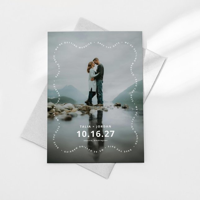 Save the Date Card Modern Wavy Border (wavy save the date, modern save the date card design shown with gray envelope on a white background
)