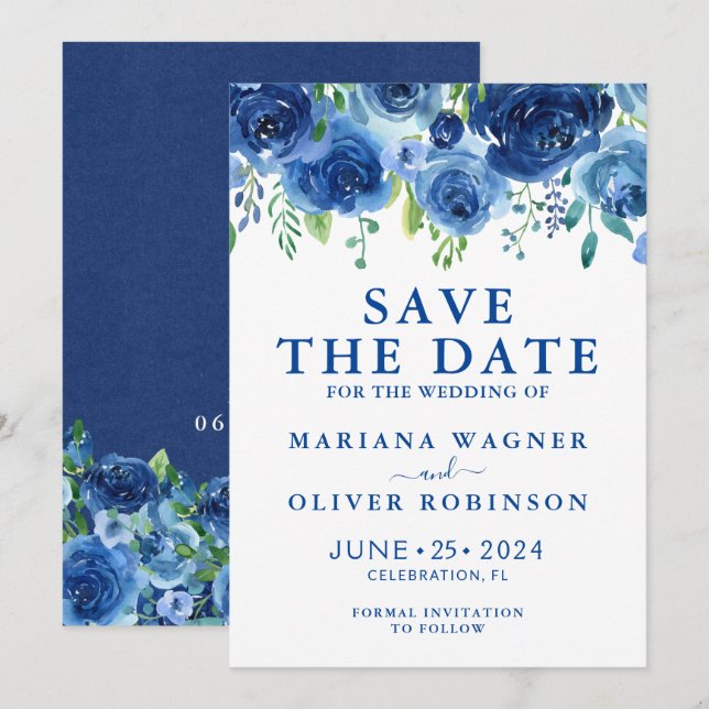 Save the Date Card Navy Blue Watercolor Floral (Front/Back)