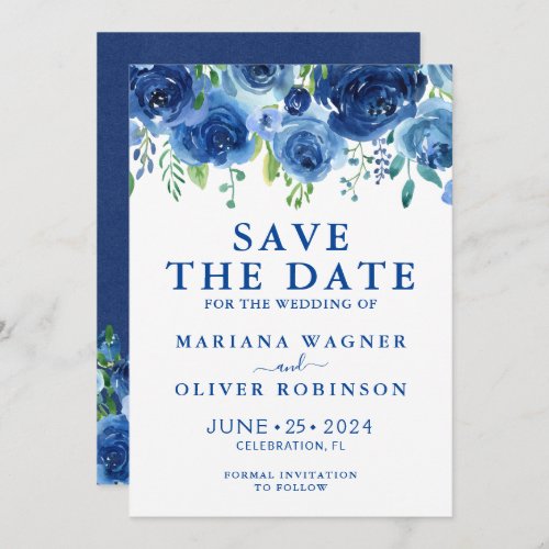 Save the Date Card Navy Blue Watercolor Floral